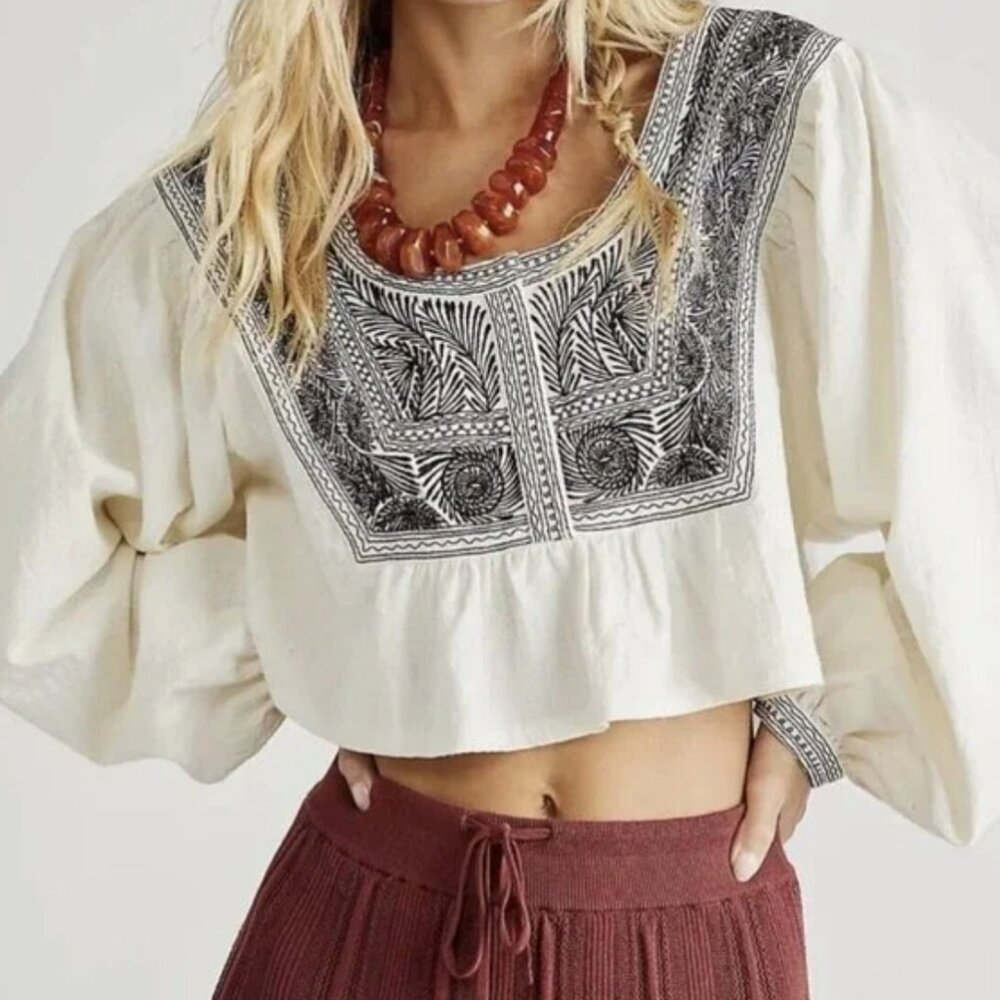 FREE PEOPLE Iggie Embroided Blouse in Ivory/Black Bean